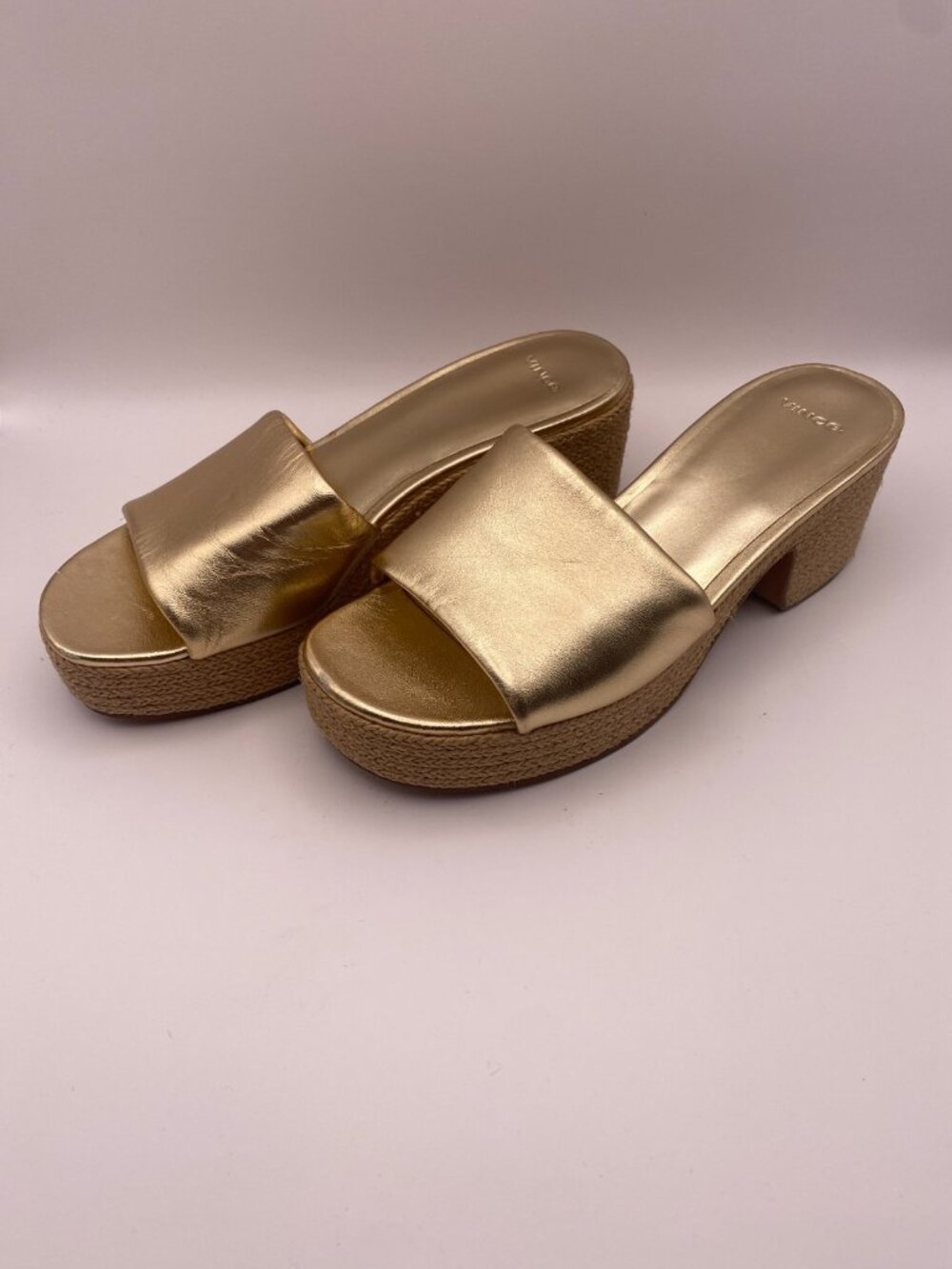 Vince Margo Metallic Espadrille Champagne Gold Slide Sandals Sz 7.5 M